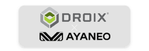 A collaboration logo featuring DROIX and AYANEO. The top section displays the DROIX logo with its distinctive geometric design and green accents, paired with the DROIX name in modern uppercase typography. Below it, the AYANEO logo is presented in bold black text with a sleek emblem, connected by an "X" in the center to symbolize partnership and cooperation. The image is set on a neutral gray background for a clean and professional look.