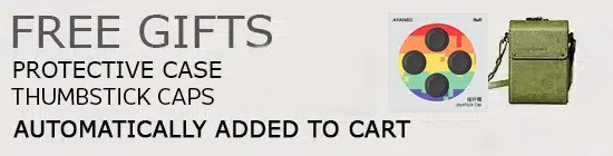 An olive-green messenger bag and a rectangular box (likely a screen protector) are shown next to text that reads "FREE GIFTS PROTECTIVE CASE SCREEN PROTECTOR AUTOMATICALLY ADDED TO CART." The box has "AYANEO POCKET DMG" visible on it, featuring a retro handheld game console design.