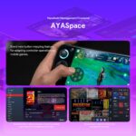 AYANEOデバイス用ハンドヘルド管理フロントエンド、AYASpaceのプロモーション画像。モバイルゲーム用のボタンマッピング、ゲームコンテンツの自動スクレイピング、オールインワン管理サービスのための「クイックセットアップ」機能などが特徴。画像は携帯端末上のインターフェースとゲームライブラリ画面。