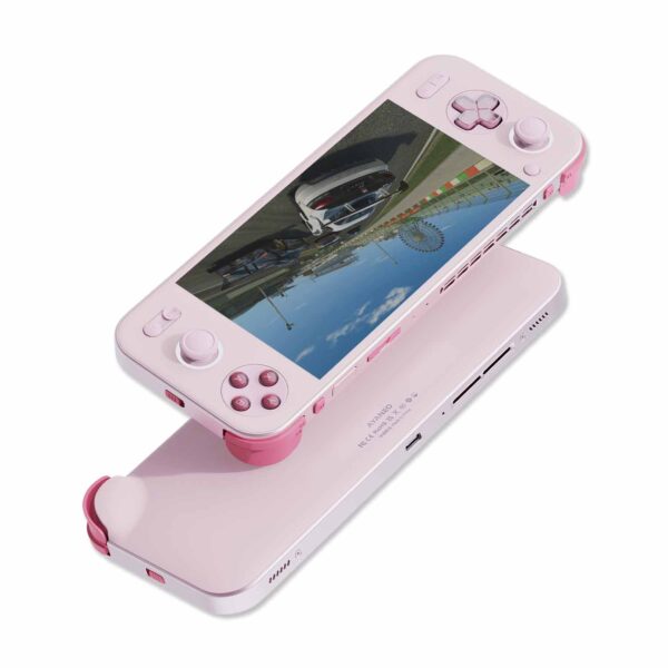 AYANEO Pocket S in "Sakura Pink" – A close-up front view of the device, emphasizing its intuitive button layout, vivid screen, and ergonomic design. The racing game displayed adds an immersive visual element.