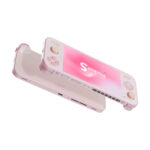 A dynamic, angled shot of two pink AYANEO Pocket S handheld gaming consoles, against a white background. The console in the foreground is angled to show its screen, which displays the "AYANEO Pocket S" logo with a pink gradient. The console in the background is flipped over, revealing its back panel with ports and a QR code sticker.