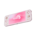 A dynamic, angled view of a pink AYANEO Pocket S handheld gaming console, set against a solid white background. The screen displays the "AYANEO Pocket S" logo with a soft pink gradient background. All control buttons, including the pink D-pad, analog sticks, and face buttons, are visible. The metallic finish of the chassis is also noticeable.