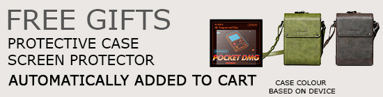 A promotional banner with the title "FREE GIFTS" in bold text. Below, it lists "Protective Case" and "Screen Protector" as the free items, which are "Automatically Added to Cart." The banner features images of a "Pocket DMG" device, a green leather AYANEO case, and a brown leather AYANEO case, with the note "Case colour based on device.