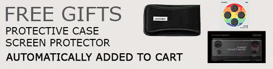 Promotional banner highlighting free gifts with purchase, including a protective case and screen protector for the AYANEO Pocket Micro. The text reads 'Free Gifts Automatically Added to Cart' with images of the case and screen protector displayed.