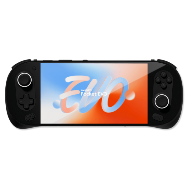 AYANEO Pocket EVO handheld gaming console with a sleek black design and a vibrant 7-inch OLED display showcasing the AYANEO Pocket EVO logo in a dynamic red, white, and blue gradient.