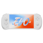 AYANEO Pocket EVO handheld gaming console with a sleek white design and a vibrant 7-inch OLED display showcasing the AYANEO Pocket EVO logo in a dynamic red, white, and blue gradient.