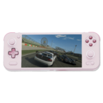 AYANEO Pocket S in "Sakura Pink" – A sleek handheld gaming device featuring vibrant pink controls, a high-resolution display showcasing a racing game, and a modern, portable design. The back and front views highlight its stylish aesthetics and attention to detail.