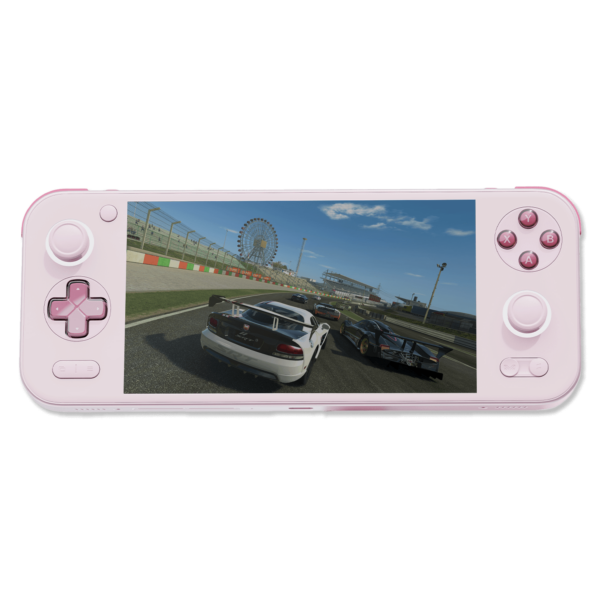 AYANEO Pocket S in "Sakura Pink" – A sleek handheld gaming device featuring vibrant pink controls, a high-resolution display showcasing a racing game, and a modern, portable design. The back and front views highlight its stylish aesthetics and attention to detail.