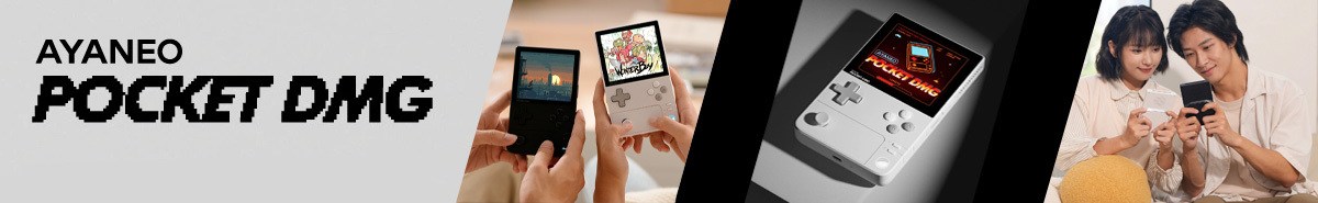 A promotional banner for the AYANEO Pocket DMG, featuring the nostalgic handheld in various scenarios. The leftmost section displays the "AYANEO Pocket DMG" branding with a pixelated aesthetic, while adjacent panels highlight users holding the device in black and white finishes. The images emphasize its retro-inspired design, dynamic interface, and ability to relive classic gaming experiences, making it an ideal device for gaming enthusiasts.