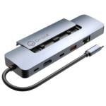 A sleek, compact DroiX NH8 Hub with an NVMe slot, showcasing its aluminum finish, built-in cable, and multiple connectivity ports, including Ethernet, USB Type-A, USB-C, HDMI, and SD card slots.