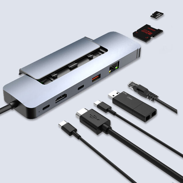 The DroiX NH8 Hub with multiple connected accessories, including an Ethernet cable, HDMI adapter, USB devices, and SD cards, emphasizing its versatile connectivity options.