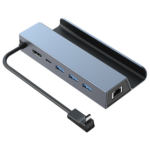 A side view of the SD1 Docking Station showcasing its aluminum build, three USB Type-A 3.0 ports, HDMI output, Ethernet port, and USB Type-C cable for connectivity.