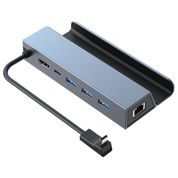 A side view of the SD1 Docking Station showcasing its aluminum build, three USB Type-A 3.0 ports, HDMI output, Ethernet port, and USB Type-C cable for connectivity.