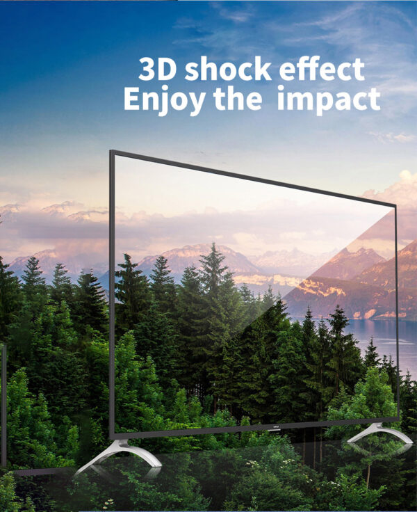 A large TV screen showcasing a 3D shock effect, surrounded by a lush forest landscape, highlighting the impressive impact and immersive viewing experience.