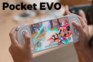 Image of the AYANEO Pocket EVO being held in both hands, showcasing its sleek white design. The display features vibrant and dynamic gameplay with detailed graphics, emphasizing its high-performance capabilities. The bold "Pocket EVO" branding at the top left highlights the device's modern appeal and focus on immersive handheld gaming.