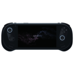 A black AYANEO 3 handheld gaming console with illuminated analog sticks and standard gaming buttons, displaying a sleek startup screen with a dark background and swirling blue and purple particle effects. The text "AYANEO 3" appears at the center of the screen.