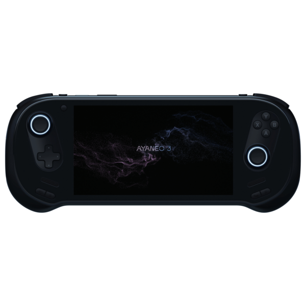 A black AYANEO 3 handheld gaming console with illuminated analog sticks and standard gaming buttons, displaying a sleek startup screen with a dark background and swirling blue and purple particle effects. The text "AYANEO 3" appears at the center of the screen.