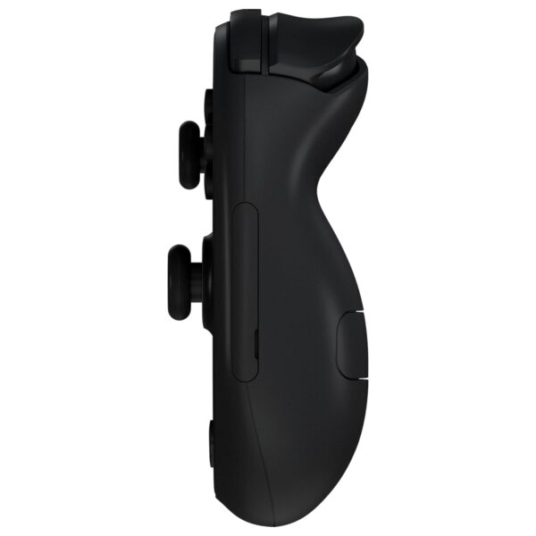 A side profile of the AYANEO 3 black edition, highlighting the ergonomic grip, shoulder triggers, and button layout. The smooth curves ensure a comfortable handheld experience.