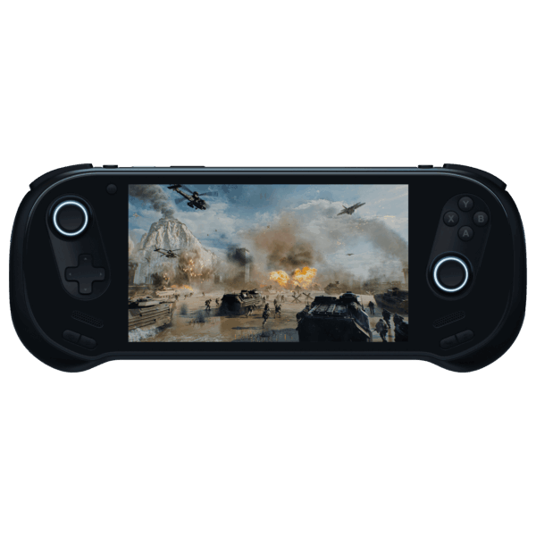A front-on view of the black AYANEO 3 handheld gaming console against a black background. The screen displays an intense military action scene with explosions, helicopters, and tanks on a battlefield. The controls feature a black D-pad and analog stick on the left, and black face buttons and an analog stick on the right. Both analog sticks are illuminated with a bright white/blue circular glow.