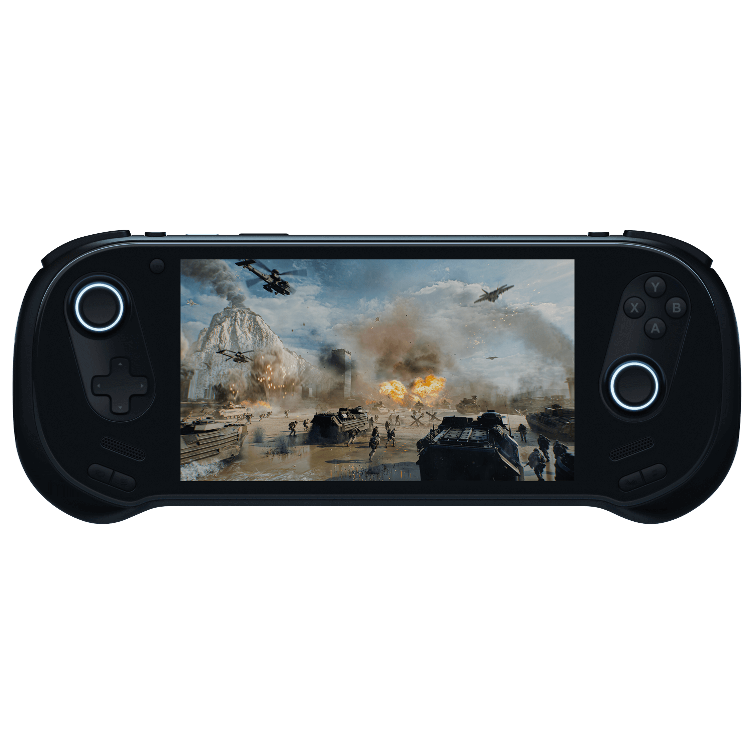 A front-on view of the black AYANEO 3 handheld gaming console against a black background. The screen displays an intense military action scene with explosions, helicopters, and tanks on a battlefield. The controls feature a black D-pad and analog stick on the left, and black face buttons and an analog stick on the right. Both analog sticks are illuminated with a bright white/blue circular glow.