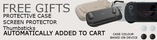 Promotional banner for AYANEO 3 free gifts, featuring images of a black and beige protective case, a screen protector, and thumb stick grip caps. Text highlights 'Free Gifts' including a protective case, screen protector, and thumbsticks, which are automatically added to the cart. The case color is based on the selected device.