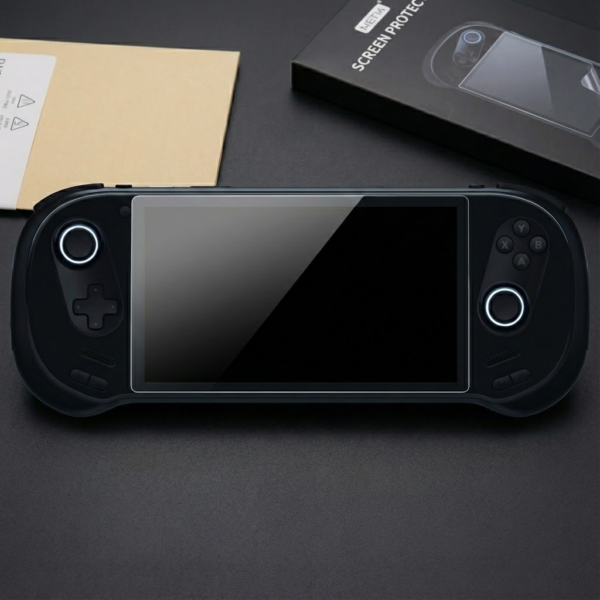 A black AYANEO 3 handheld gaming console lies centered on a dark surface, featuring a newly applied tempered glass screen protector. The console's dual joysticks are illuminated with circular white LED rings. To the top right, the product packaging is visible, showing a black box labeled "METIK SCREEN PROTECTOR" with an illustrative diagram of the installation process. The sleek, matte black finish of the device and the glossy reflection on the protected screen create a high-end, tech-focused aesthetic.