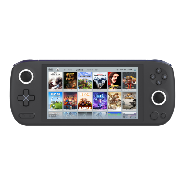 AYANEO AIR montrant l'interface complète de la bibliothèque de jeux avec plusieurs couvertures de jeux visibles à l'écran.