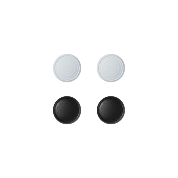 AYANEO Pocket EVO Thumb Stick Grip Caps – A set of four grip caps, two in black with a textured surface and two in translucent white with a circular pattern, designed for improved control and comfort on the AYANEO Pocket EVO gaming handheld