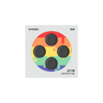 AYANEO joystick caps set in black, designed for AYANEO Pocket Micro and DMG models. The packaging features a pixelated rainbow background with four circular joystick caps visible through a transparent window. The AYANEO logo is displayed at the top left, and the text 'Joystick Cap' along with Chinese characters is printed on the bottom right.