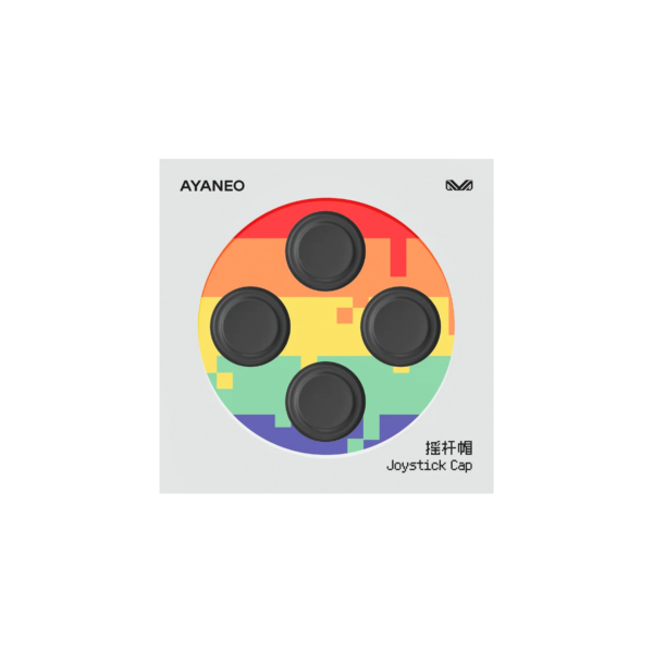 AYANEO joystick caps set in black, designed for AYANEO Pocket Micro and DMG models. The packaging features a pixelated rainbow background with four circular joystick caps visible through a transparent window. The AYANEO logo is displayed at the top left, and the text 'Joystick Cap' along with Chinese characters is printed on the bottom right.