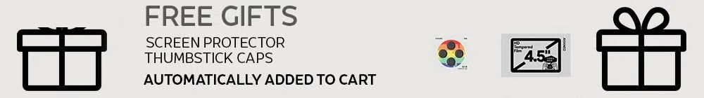 Promotional banner for free gifts including a screen protector, thumbstick caps, and a grip. The text states they are "Automatically added to cart."