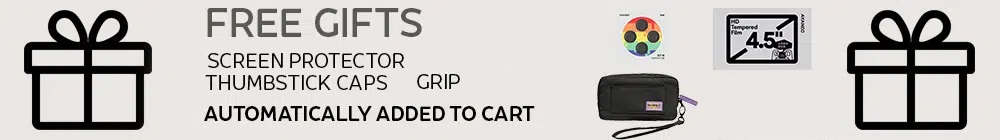 Promotional banner for free gifts including a screen protector, thumbstick caps, and a grip. The text states they are "Automatically added to cart."