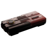 Front angled view of the AYANEO AG01 Starship Graphics Dock, showcasing its red metallic finish, futuristic heat vent design, and large circular LED fan.