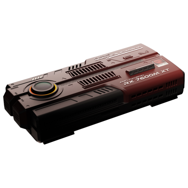 Front angled view of the AYANEO AG01 Starship Graphics Dock, showcasing its red metallic finish, futuristic heat vent design, and large circular LED fan.
