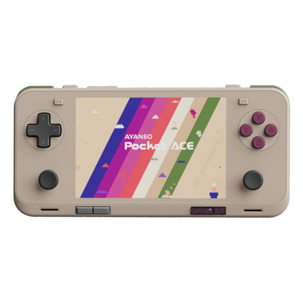 Front-facing view of the AYANEO Pocket ACE in retro beige with purple buttons, showing a pixel-themed version of the Pocket ACE logo on colorful stripes.