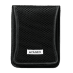 A black, rectangular protective case with a mesh-like texture covers the entire surface. A white label with "AYANEO" in black text is centered near the bottom of the case. The case appears to be closed and is presented against a plain, light gray background.