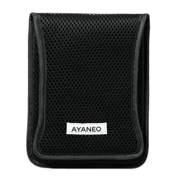 A black, rectangular protective case with a mesh-like texture covers the entire surface. A white label with "AYANEO" in black text is centered near the bottom of the case. The case appears to be closed and is presented against a plain, light gray background.