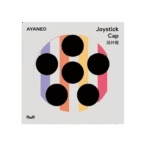 A product image for "AYANEO Joystick Cap" on a light grey background. The center features a circular design with six black circular cutouts, arranged like the pips on a domino, over a background of vertical stripes in purple, orange, and pink. The top left corner displays "AYANEO" in black text, and the top right corner has "Joystick Cap" in English and "摇杆帽" in Chinese, both in black text. A small, stylized "M" logo is present in the bottom left corner.