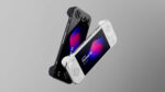 Two AYANEO Pocket S2 handheld gaming consoles, one black and one white, are shown at an angle against a solid grey background. The black console is positioned behind and slightly above the white console. Both screens display "AYANEO Pocket S2" with colorful abstract backgrounds. The black console's back is partially visible, while the white console's face buttons and D-pad are prominent.