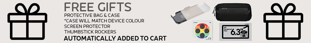 A promotional banner for "FREE GIFTS" that are "AUTOMATICALLY ADDED TO CART" with the purchase of a device. The text is in a large, dark grey font on a light tan background. The banner lists the gifts: "PROTECTIVE BAG & CASE", with a note that "*CASE WILL MATCH DEVICE COLOUR", "SCREEN PROTECTOR", and "THUMBSTICK ROCKERS". Visuals of the accessories are displayed to the right of the text. They include a transparent protective case with a ventilation pattern, a black carrying bag, a package of thumbstick caps with a rainbow background, and a screen protector package labeled "6.3'' HD Tempered Film".