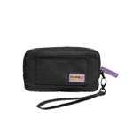 A rectangular black carrying case, designed for a handheld gaming device, is shown against a plain grey background. The case is made of a durable, textured fabric and features a small front pocket. A purple tag with "AYANEO" written on it is attached to the zipper. A black wrist strap is connected to the case via a small metal carabiner.
