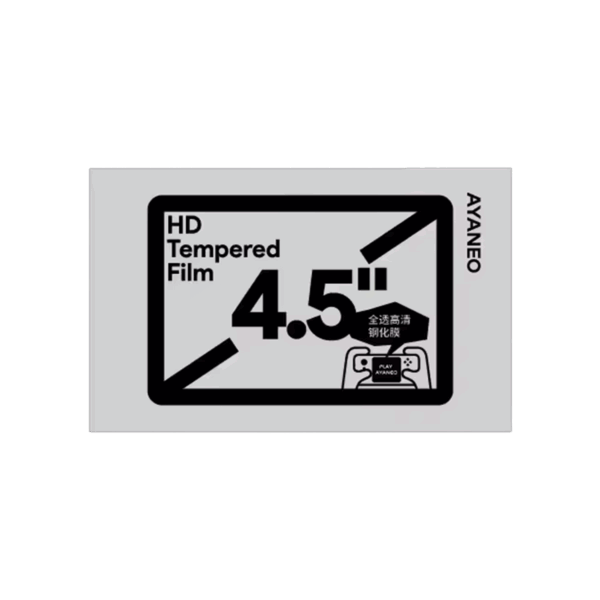 Hall ristkülikukujuline pakend ekraanikaitse jaoks, mis on keskeltläbi tavalisel valgel taustal. Pakendi esiküljel on suur must tekst "HD Tempered Film" vasakul ja silmatorkav "4.5''", mille paremast ülemisest servast ulatub diagonaalne joon. "4.5''" all on väiksem hiina tekst "全透高清 钢化膜" (Full Transparent High Definition Tempered Film) ja valge kontuur käepärasest mänguseadmest, mille ekraanil on kirjas "PLAY AYANEO". Pakendi paremal küljel on vertikaalselt kirjutatud "AYANEO".   