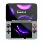AYANEO Pocket DS dual-screen Android gaming handheld in a clamshell design, showing the top and bottom screens.