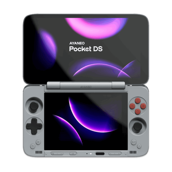 AYANEO Pocket DS dual-screen Android gaming handheld in a clamshell design, showing the top and bottom screens.