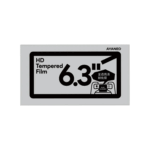 A grey rectangular package for a screen protector, centered against a plain light grey background. The front of the package features large black text "HD Tempered Film" on the left, and a prominent "6.3''" with a diagonal line extending from its top right. Below the "6.3''", there's a black bubble with smaller Chinese text "全透高清 钢化膜" (Full Transparent High Definition Tempered Film) and a white outline of a handheld gaming device with "PLAY AYANEO" on its screen. The right side of the package has "AYANEO" written vertically.