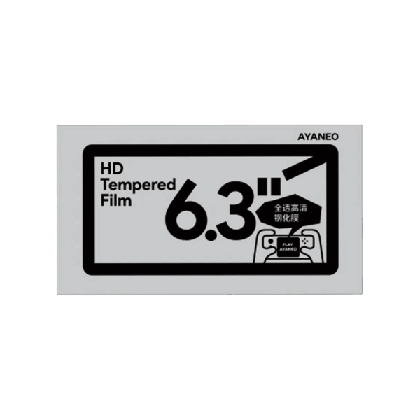 A grey rectangular package for a screen protector, centered against a plain light grey background. The front of the package features large black text "HD Tempered Film" on the left, and a prominent "6.3''" with a diagonal line extending from its top right. Below the "6.3''", there's a black bubble with smaller Chinese text "全透高清 钢化膜" (Full Transparent High Definition Tempered Film) and a white outline of a handheld gaming device with "PLAY AYANEO" on its screen. The right side of the package has "AYANEO" written vertically.