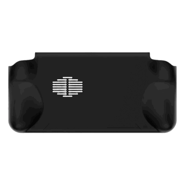 A back view of the black grip accessory for the AYANEO Pocket ACE, against a white background. The accessory features a central cutout with white striped vents, and two rounded, ergonomic grips on the left and right sides.