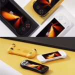A split-view promotional image showcasing three color variants of the KONKR Pocket Fit handheld gaming console. The top half shows the black, yellow, and white consoles in a flat-lay arrangement, each with a screen displaying a glowing orange abstract design. The bottom half shows the same three consoles in a dynamic arrangement on a yellow surface, with the yellow console flipped over to display its back panel and vents, while the black and white consoles are angled to show their screens and front controls.