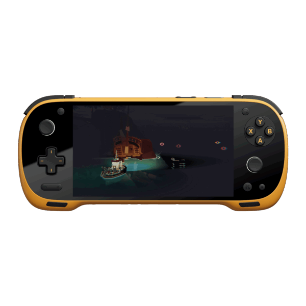 A front-on view of a black and yellow KONKR Pocket Fit handheld gaming console against a dark green background. The screen displays a video game scene featuring a small boat in a dark cave. The console has a black D-pad and analog stick on the left, and yellow-colored face buttons and an analog stick on the right.