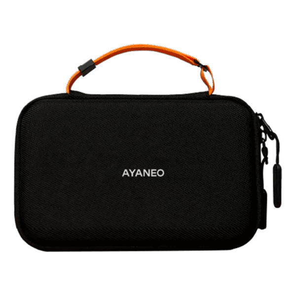 A compact, black hardshell carrying case for the AYANEO Pocket DS. The bag features a textured fabric exterior with the "AYANEO" logo centered in white text, a bright orange top handle, and a black zipper pull.